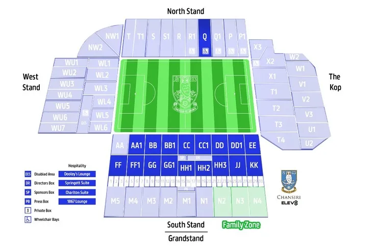 Sơ đồ bố trí các khán đài và khu vực chỗ ngồi của sân Hillsborough