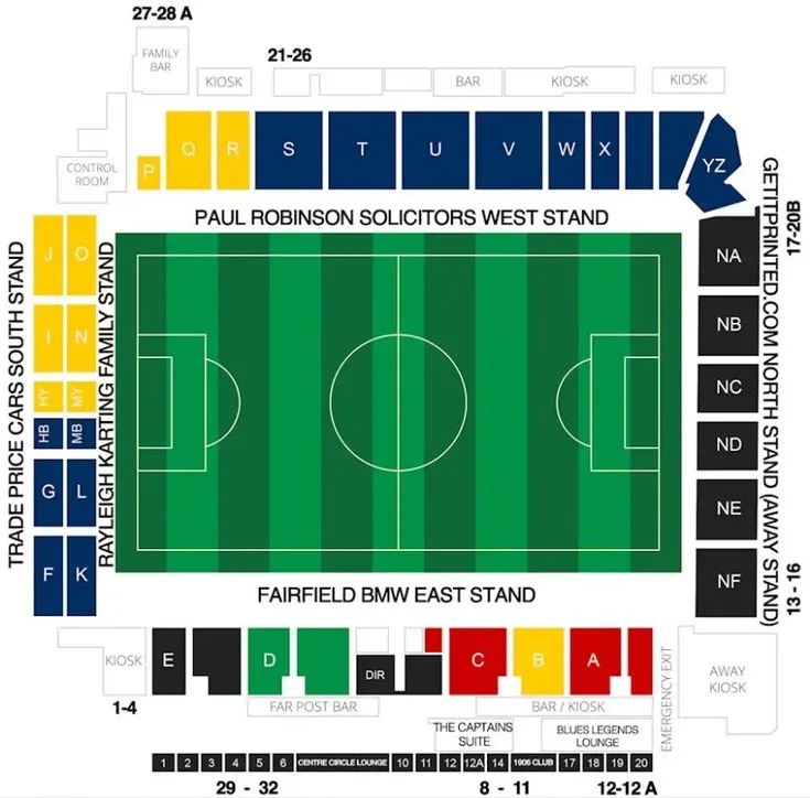 Sơ đồ bố trí các khán đài và khu vực chỗ ngồi tại sân vận động Roots Hall của Southend United