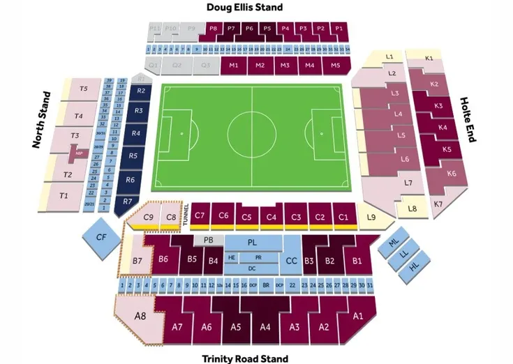 Sơ đồ bố trí chỗ ngồi sân Villa Park, hướng dẫn cho khán giả Aston Villa