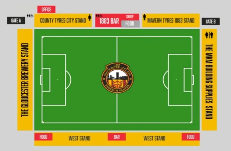 Sơ đồ bố trí chỗ ngồi và các khu vực chính của sân Meadow Park Gloucester City.