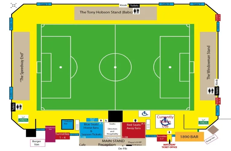 Sơ đồ chi tiết các khán đài và khu vực chỗ ngồi tại Bob Lucas Stadium của Weymouth FC
