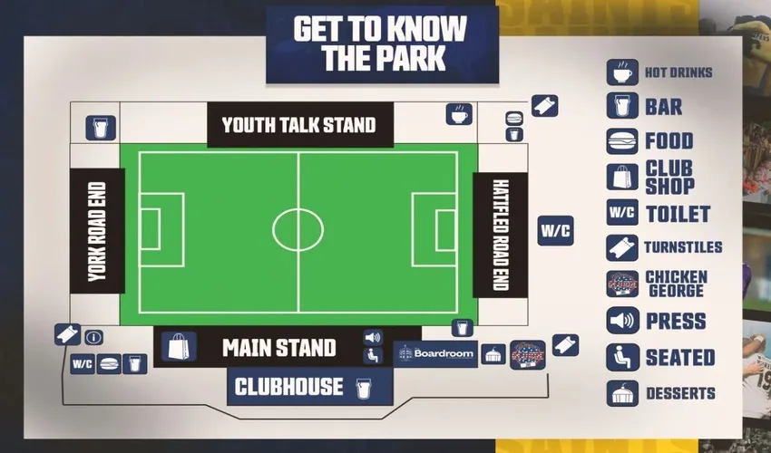 Sơ đồ chi tiết các khán đài và khu vực chỗ ngồi tại sân vận động Clarence Park của St Albans City FC