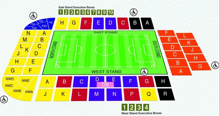 Sơ đồ chi tiết các khán đài và khu vực chỗ ngồi tại sân vận động The Valley của Charlton Athletic