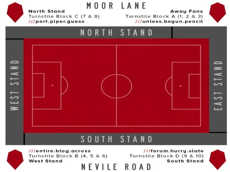 Sơ đồ chi tiết các khán đài và phân khu chỗ ngồi tại sân Peninsula Stadium (Moor Lane), giúp khán giả dễ dàng hình dung vị trí chỗ ngồi và lựa chọn khu vực ưng ý để theo dõi trận đấu của Salford City FC.