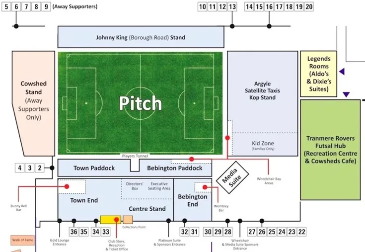 Sơ đồ chi tiết sân vận động Prenton Park - hướng dẫn vị trí các khán đài