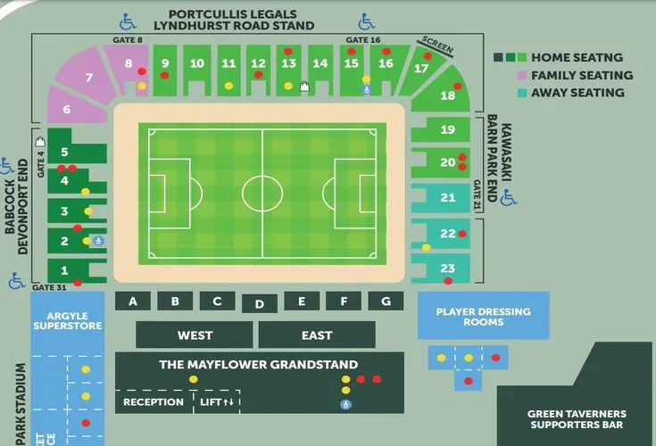 Sơ đồ chỗ ngồi chi tiết của sân vận động Home Park, Plymouth Argyle.