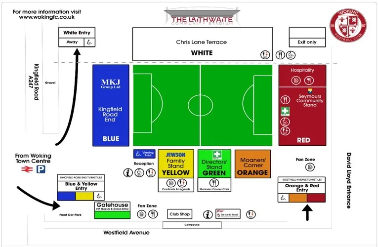 Sơ đồ chỗ ngồi chi tiết Sân Kingfield (Laithwaite Community Stadium) với các khu vực khán đài đặc trưng