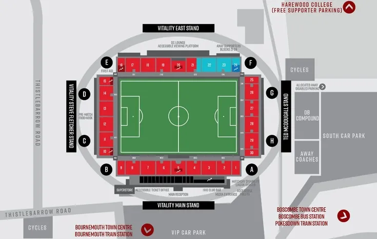 Sơ đồ chỗ ngồi chi tiết sân Vitality Stadium, giúp CĐV AFC Bournemouth dễ dàng tìm vị trí