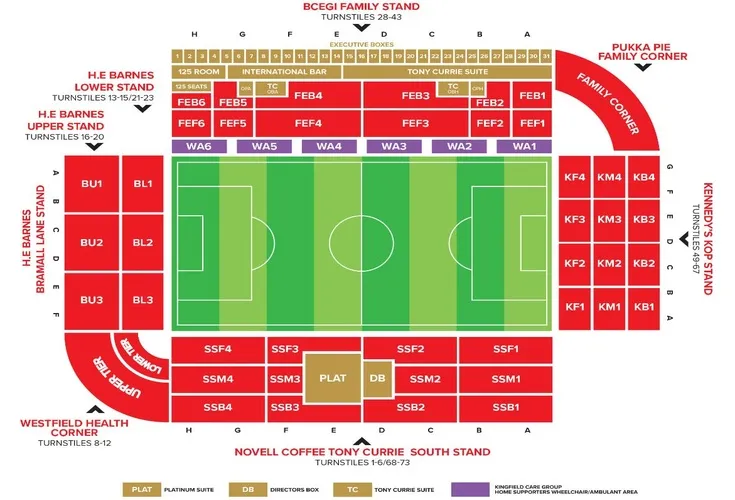 Sơ đồ chỗ ngồi chi tiết tại sân Bramall Lane, hướng dẫn các khu vực khán đài