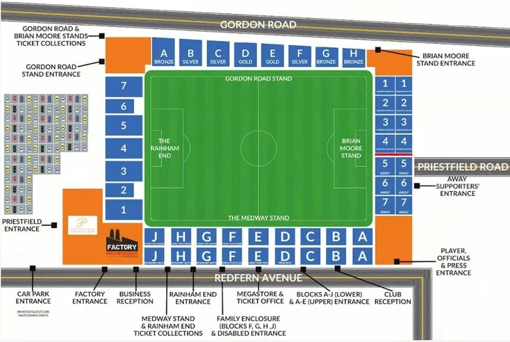 Sơ đồ chỗ ngồi Priestfield Stadium, hướng dẫn vị trí các khán đài của Gillingham FC