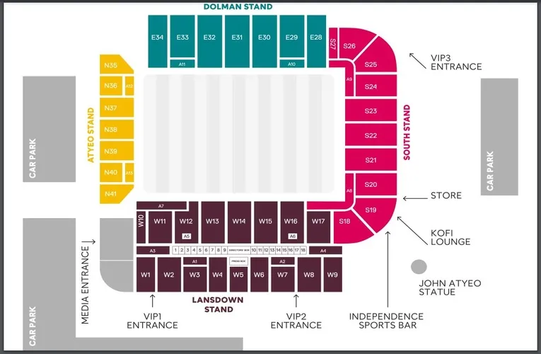Sơ đồ chỗ ngồi sân Ashton Gate năm 2024, hướng dẫn vị trí các khán đài và khu vực cổ động viên Bristol City