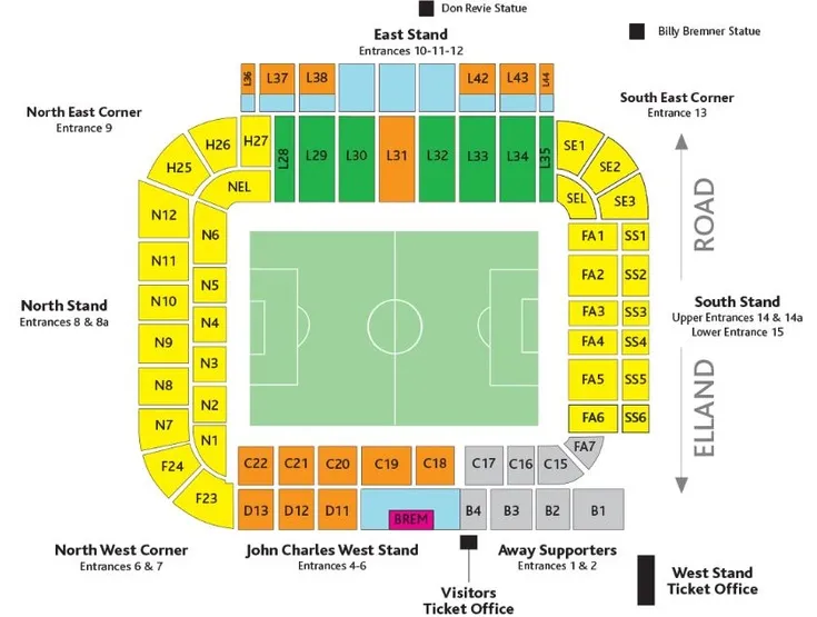 Sơ đồ chỗ ngồi sân Elland Road chi tiết, hướng dẫn vị trí các khán đài