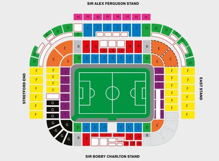 Sơ đồ chỗ ngồi sân Old Trafford chi tiết, giúp bạn dễ dàng tìm vị trí xem trận đấu