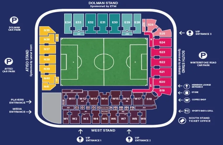 Sơ đồ chỗ ngồi sân Plainmoor của Torquay United, giúp fan chọn đúng chỗ để 'hò hét' hoặc 'ngủ gật'