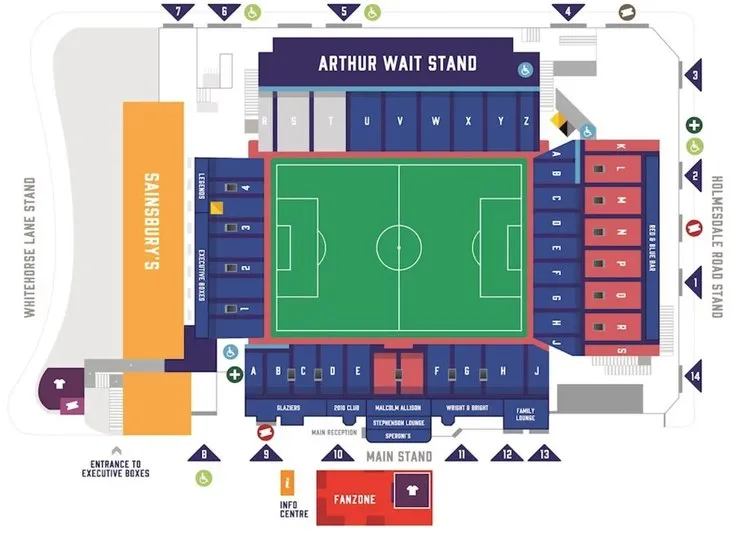 Sơ đồ chỗ ngồi sân Selhurst Park với các khán đài chính của Crystal Palace