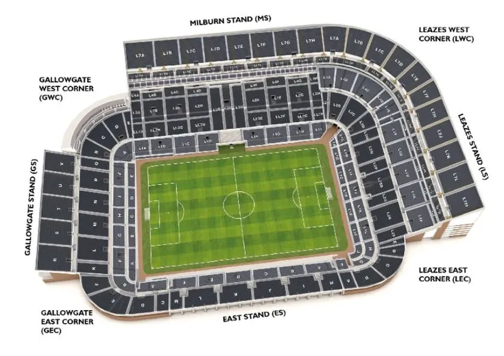 Sơ đồ chỗ ngồi sân St. James' Park, giúp người hâm mộ dễ dàng định vị vị trí các khán đài và khu vực khác nhau