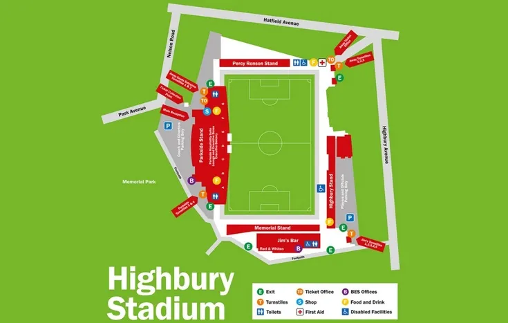 Sơ đồ sân vận động Highbury của Fleetwood Town, chỉ rõ các khu vực khán đài cho dân chơi bóng đá Anh.