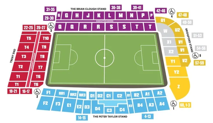 Sơ đồ tổng thể các khán đài và khu vực chỗ ngồi tại sân vận động The City Ground của Nottingham Forest
