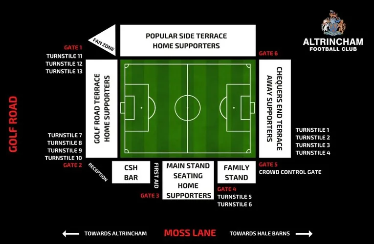 Sơ đồ tổng thể sân J Davidson Moss Lane của Altrincham FC, chi tiết các khán đài và khu vực